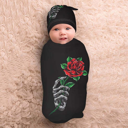 Skeleton Hand Holding Rose Newborn Swaddle Blanket Soft Unisex Infant Swaddle Wrap Blanket Baby Receiving Blanket with Beanie Hat for Boy and Girl...