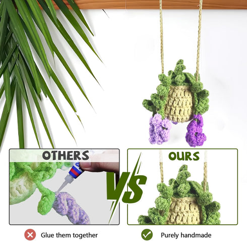 Crochet Hanging Plant for Car Cute Crochet Hanging Basket Flower Ornament Accessories Rearview Mirrior Handmade Knitted Lovers Gifts (Purple Wiste...