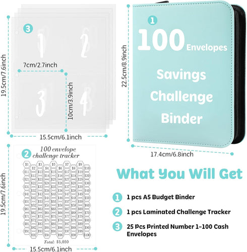 100 Envelopes Money Saving Challenge Binder with Laminated Tracker, Money Saving Challenge Budget Binder with Cash Envelopes, Savings Challenge Bo...