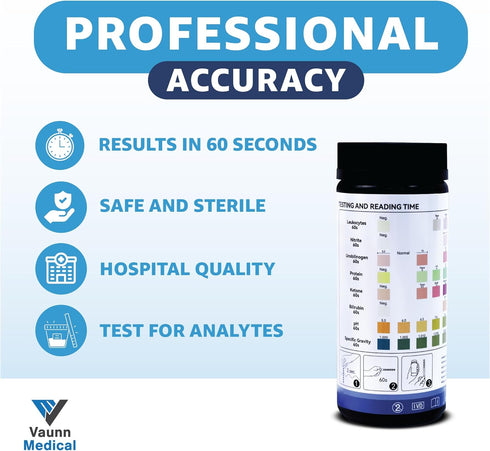 Vaunn Medical 8-in-1 Urine Test Strips and Urinalysis for UTI, Nitrites, Leuckcytes, Ketosis, pH, Protein, 120 CT...