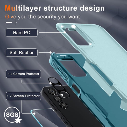 for Samsung Galaxy A14 5G Case with 1 Pcs Tempered Glass Screen Protector and 1 Pcs Camera Lens Cover,Heavy Duty Rugged Shockproof Full Body Prote...