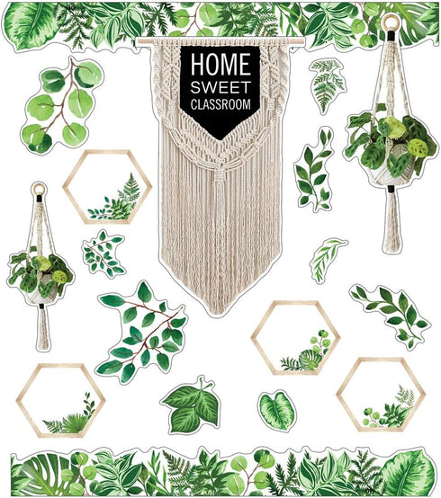 Schoolgirl Style Simply Boho Bulletin Board Set—Home Sweet Classroom Macrame Header, Leaf Border Trims, Hanging Planters, Assorted Leaves, Hexagon...