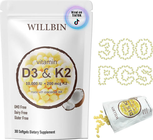 2-in-1 Vitamin D3 K2 Supplement Softgel, 10000 IU VIT D3 + 200 MCG Vitamin K2, Free of GMO, Gluten, Soy, Bone Health, Cardiovascular Health Suppor...