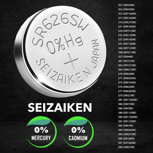 377 SR626SW 1.55V 0% Hg Silver Oxide Watch Battery (5 Batteries) Made in Japan by Seiko...