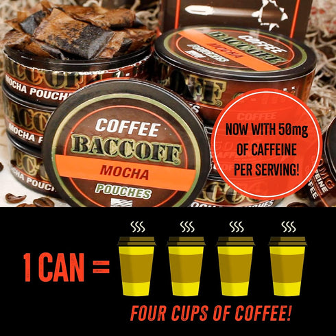 1 Can, BaccOff Premium Flavored Mocha Coffee Pouches with 50 MG of Caffeine Per Serving, No Tobacco Dip, No Nicotine Smokeless Alternative Snuff...