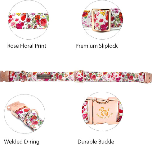 Elegant little tail Dog Collar, Pink Floral Print Pet Collar Summer Dog Collar Pet Collar Dog Cotton Durable Dog Collar Metal Buckle Collar for X-...