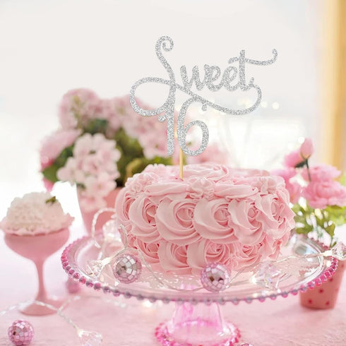 Silver Glitter Sweet 16 Cake Topper - Happy 16th Birthday - 16th Anniversary Party Decoration Supplies Sweet Sixteen Cake Topper...