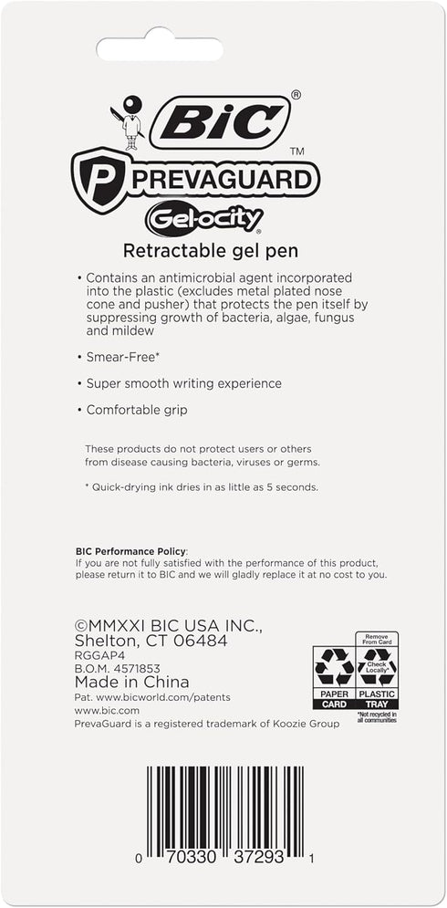 BIC PrevaGuard Gel-ocity Gel Pen With Built-in Protection To Suppress Bacteria Growth On The Pen, Medium Point (0.7mm), Black, 4-Pack...