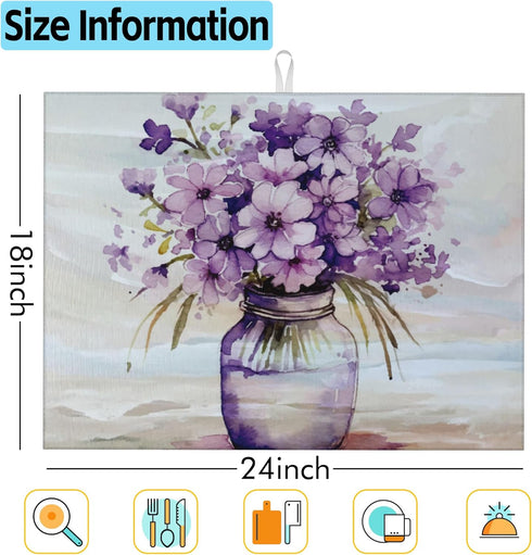 Large Dish Drying Mat for Kitchen Counter,18"X24" Purple Flowers in Vase Super Absorbent Reversible Microfiber Dish Drying Mat Dish Drainer Mat,Di...