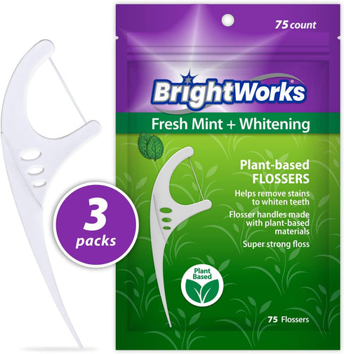 225 Piece BrightWorks Fresh Mint + Whitening Dental Flossers with plant-based handles, Super-Strong Floss and Mint-Flavored Floss with Micro-Cryst...