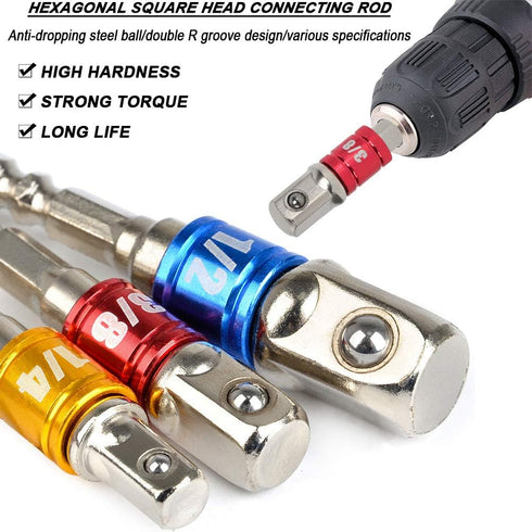 TIMESETL 3Pcs 1/4" 3/8" 1/2" Cr-V Hex Shank Impact Grade Socket Adapter Extension Set & 105° Right Angle Drill Bit Adapter Attachment 1/4" Drive 6...