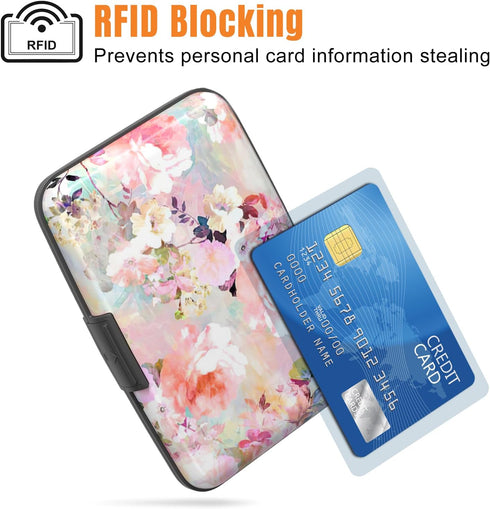 Rimilak Aluminuml Credit Card Holder, Mini Credit Card Wallet RFID Blocking Slim Metal Hard Case for Women Men, Pink Flower...