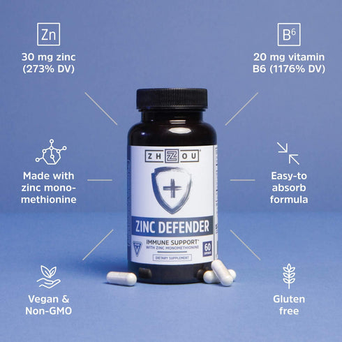Zhou Nutrition Zinc Defender Capsules | Immune Support with Zinc Monomethionine | Gluten Free Zinc Supplement for Immune Support | 60 Capsules...