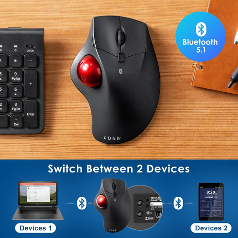 SANWA Bluetooth Wireless Ergonomic Trackball Mouse, Optical Rollerball Mice, Programmable Silent Buttons, 40mm Trackball, 600/800/1200/1600 DPI, C...