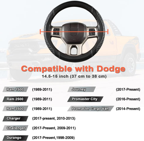 West Llama Customized Auto Car Steering Wheel Cover for Dodge 1989-2011 RAM 1500 2500 3500, Charger, Durango, Challenger(Diamond Quilted-Black+Gra...