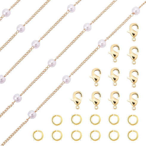 Pandahall 3 Feet Pearl Bead Necklace Chains for Jewelry Making & Golden Lobster Claw Clasps Open Jump Ring for Men Women DIY Necklace Bracelet...
