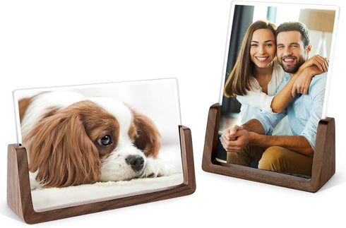 Mixoo 4x6 Wood Photo Picture Frame 2 Pack - Rustic Wooden Picture Frame with Walnut Wood Base and High Definition Break Free Acrylic Covers for Ta...