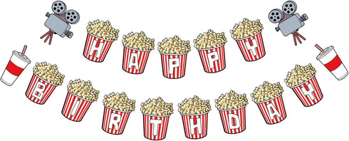 Movie Night Theme Happy Birthday Banner, Popcorn Inspired Birthday Party Sign, Watching Movie Bday Pennant Decor...
