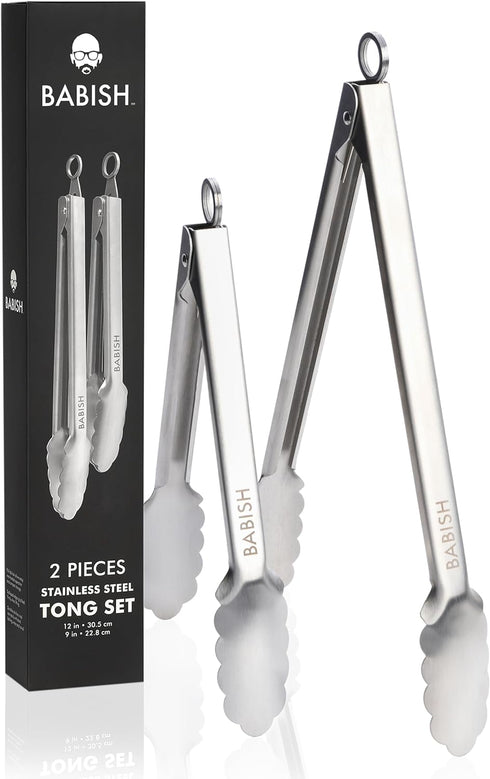 Babish 12” & 9” Locking Kitchen Tong Set, Stainless Steel...