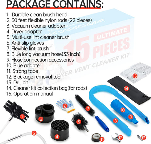BLuesea Dryer Vent Cleaner Kit, 15-Piece Ultimate Dryer Cleaning Kit Include 30 Feet Dryer Vent Brush, Upgrade Noiseless Dryer Lint Vacuum Attachm...