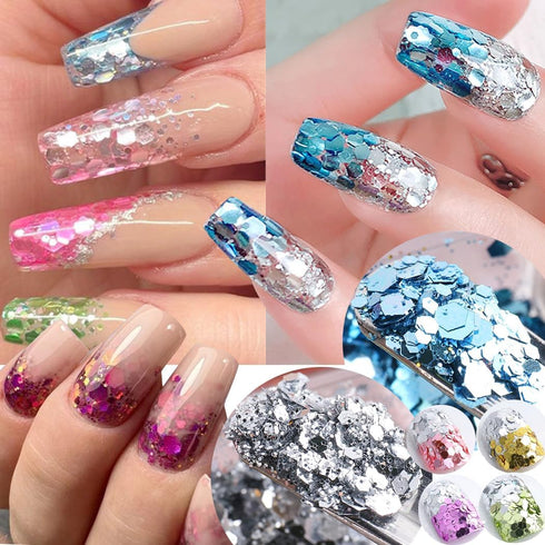 24 Grids Rhombus Hexagon Mermaid Holographic Glitter Nail Art Sequins Silver Colorful Collocation 3D Shiny Nail Art Flakes Acrylic Supplies Glitte...