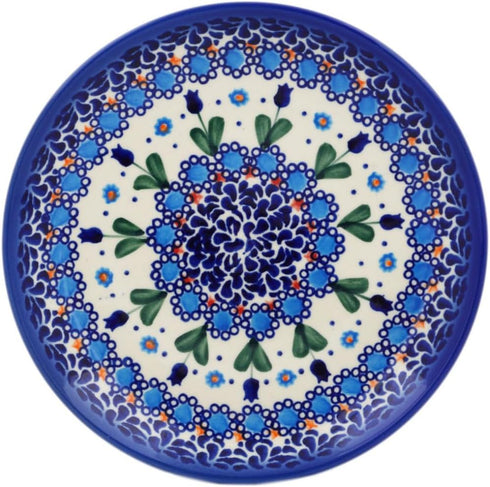 Authentic Polish Pottery Dessert Plate Signature UNIKAT in Blue Tulip Garden Design Handmade in Boles?awiec Poland by Ceramika Bona + Certificate ...