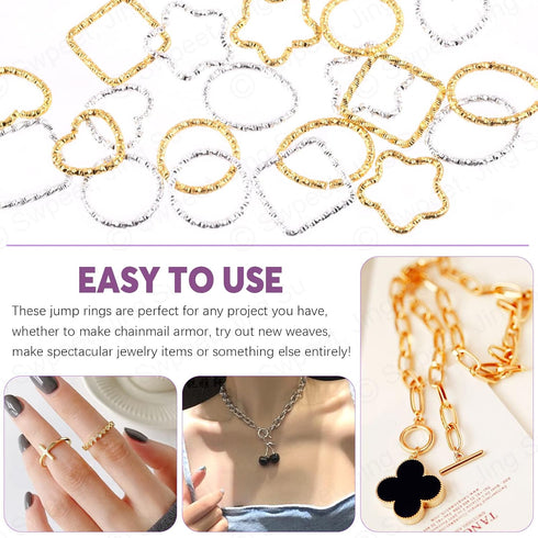 Swpeet 400Pcs Gold and Sliver 12mm 15mm 16mm 18mm 5 Styles Open Jump Rings Assortment Kit, Plum Bossom/Water Droplets/Heart/SquareIron O Rings Con...