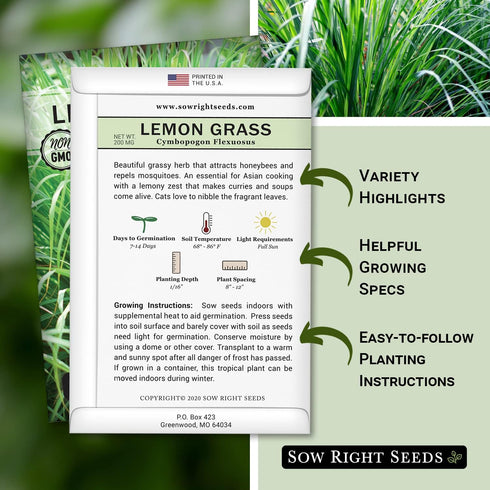 Sow Right Seeds - Lemon Grass Seed for Planting - Non-GMO Heirloom Packet with Instructions for Easy Planting and Growing an Herb Garden - Indoor ...