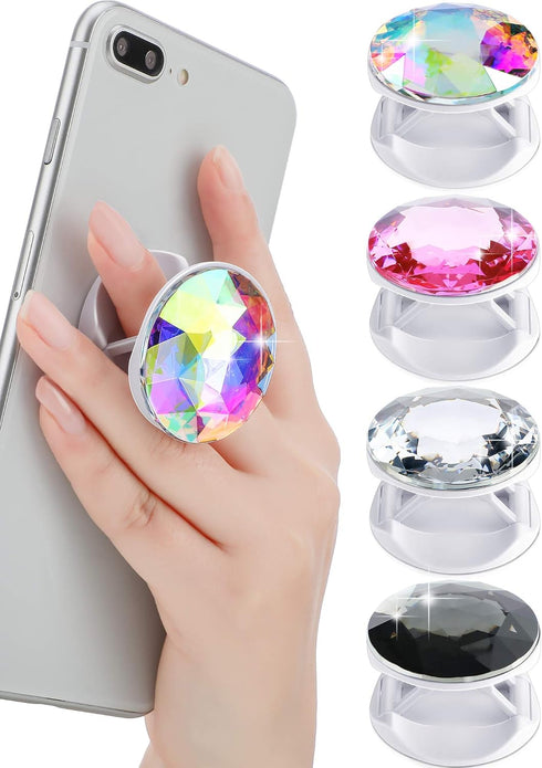 4 Pieces Disco Crystal Phone Grip Plastic Diamond Phone Holders Collapsible Adhesive Foldable Expanding Finger Stand Holder Kickstand for Smartpho...