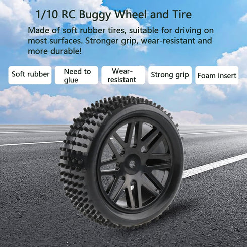 4 Pack RC Buggy Tires 12mm Hex Wheels and Tires 1/10 Off Road RC Buggy Wheels and Tires Tyres Set w/Lock Nuts and Wrench for Bandit VXL Tornado HS...