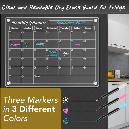 DIYMAG Acrylic Magnetic Dry Erase Calendar for Fridge, Clear Acrylic Calendar Planning Board Magnetic Monthly Planner Menu for Refrigerator with 3...