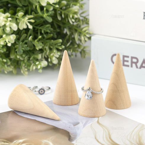 AUEAR, 10 Pack Wood Cone Ring Holder Finger Jewelry Display Stand DIY Craft Wooden (Natural, Vertical Shaped)...