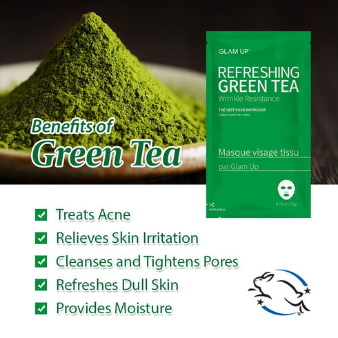 GLAM UP Sheet mask Refreshing Green Tea (10 sheets) - Revitalize Dull Skin. Dark Circle Fighter Nature made Freshly packed Daily Skin Therapy Orig...