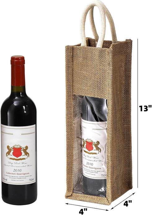 Peohud 3 Pack Burlap Wine Bottle Bags, Jute Wine Gift Bag with Window and Handle, Reusable Wine Carrier Tote Bags for Wedding Birthday Party Chris...