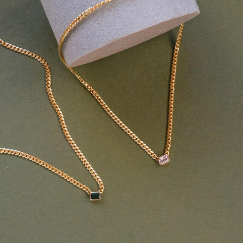 espere Baguette CZ Necklace | Emerald Cut Pendant Cuban Link Chain Choker 14'' with 2'' Extender...