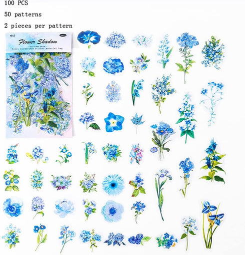 EAMOTOL Vintage Aesthetic Floral Journals Stickers - 100PCS PET Transparent Blue Flowers Plant Materials Scrapbooking Supplies for Daily Planner B...