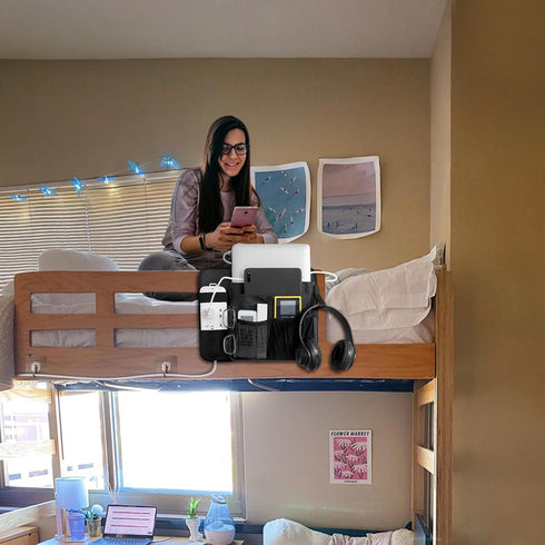 WOMACO Bedside Caddy with Power Strip Pocket, Heavy Duty Bunk Bed Caddy Organizer, Hanging Bed Side Storage Caddy with Powerstrip Holder for Dorm,...