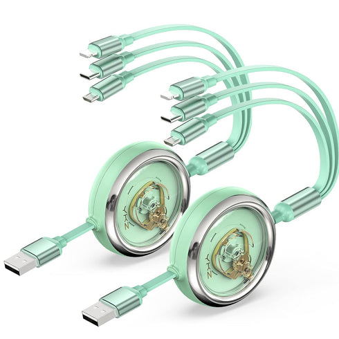 YKZ Multi Charging Cable 2Pack, 3-in-1 USB Retractable Phone Charger Cord with USB C/Micro USB/IP Port for Phones and Tablets, Perfect for Car/Tra...