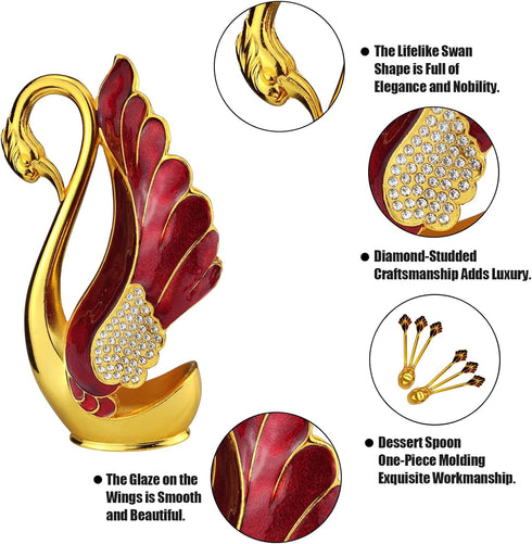 Swan Base Holder with 6pcs Coffee Dessert Dinner Spoon Set, Metal Coffee Spoon Organizer Teaspoon Fruit Dessert Flatware Sugar Ice Cream Spoons (R...