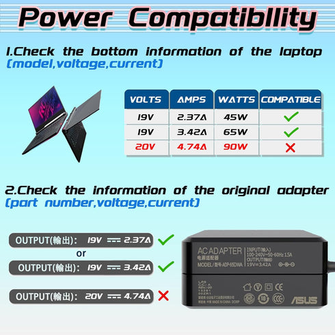 19V 3.42A 65W 4.5 * 3.0mm Laptop Adapter for Asus EXA1203YH B400A Notebook EXA1203XH Power Adapter AC Charger chromebook PU550 PU550CA PU401 PU401...