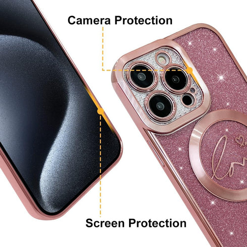 Phone Case for iPhone 15 Pro Magnetic Glitter Clear Case, Luxury Plating Love Heart Design, Full Camera Lens Protector TPU Protective Case for Wom...