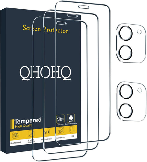 QHOHQ 3 Pack Screen Protector for iPhone 12 6.1 Inch with 2 Pack Tempered Glass Camera Lens Protector, Ultra HD, 9H Hardness, Scratch Resistant, E...