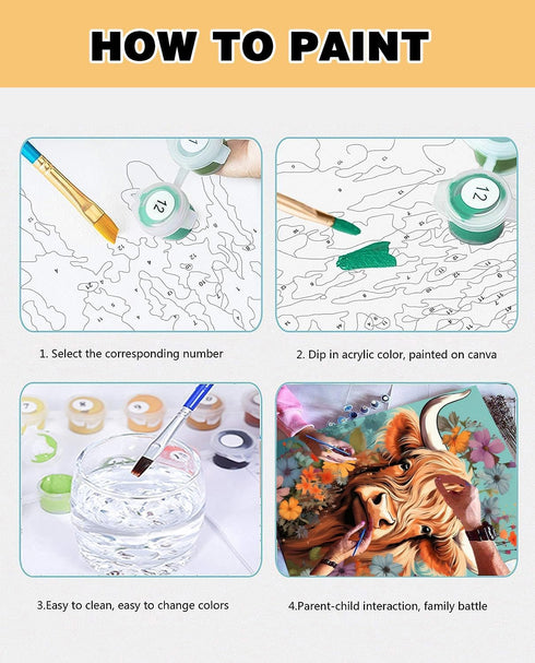 Meothan Cow Paint by Numbers for Adults Highland Cow Paint by Number for Adults Beginner Flower Paint by Numbers Canvas DIY Oil Painting Acrylic P...
