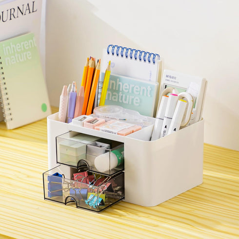 Desk Organizer with 2 Drawers, Pencil Pen Holder for Desk, Cute Desk Accessories with Plastic, Office Supplies for Countop, White...
