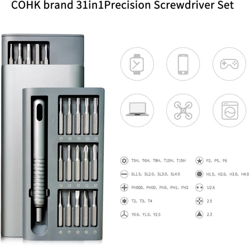 Portable 31in1 Precision Screwdriver Kit with Magnetic Screw Holders and 30 pcs S2 Steel Bits for Smartphone Watch Laptops Eyeglasses iPad Compute...