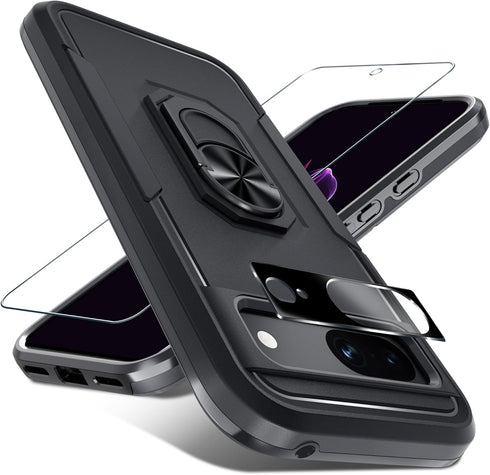 for Google Pixel 8a Case with Screen Protector + Camera Lens Protector,Heavy Duty Shockproof Full Body Protective Cover Built in Rotatable Metal R...