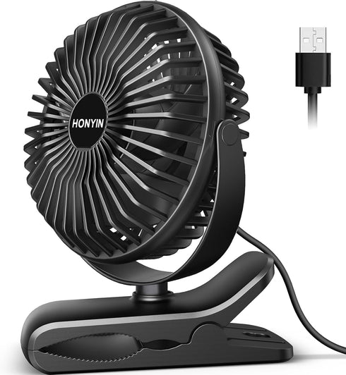 HONYIN 720° Rotation Small Desk & Clip on Fan with Sturdy Clamp, 3 Speeds, Quiet Little Personal Cooling Fan by USB Plug In, for Bedroom Office De...