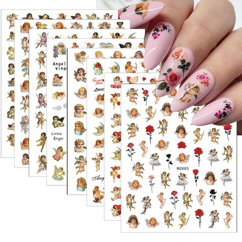 8 Sheets Angel Nail Art Stickers Cupid Nail Art Decals 3D Self Adhesive Flower Angel Wings Nail Design Valentine's Day Rose Nail Art Supplies for ...