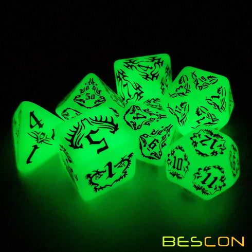 BESCON DARK ELVES Glowing Dice Set (7 piece), Oversized GLOW in DARK Carved Role Playing Games RPG Dice Set...