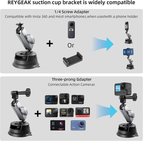 REYGEAK Suction Cup Car Mount with 1/4 Thread, 360° Rotation Windshield Car Mount for GoPro Hero 12 11 10 9 8 Insta360 X4 X3 Go3 DJI Action 4, Poc...